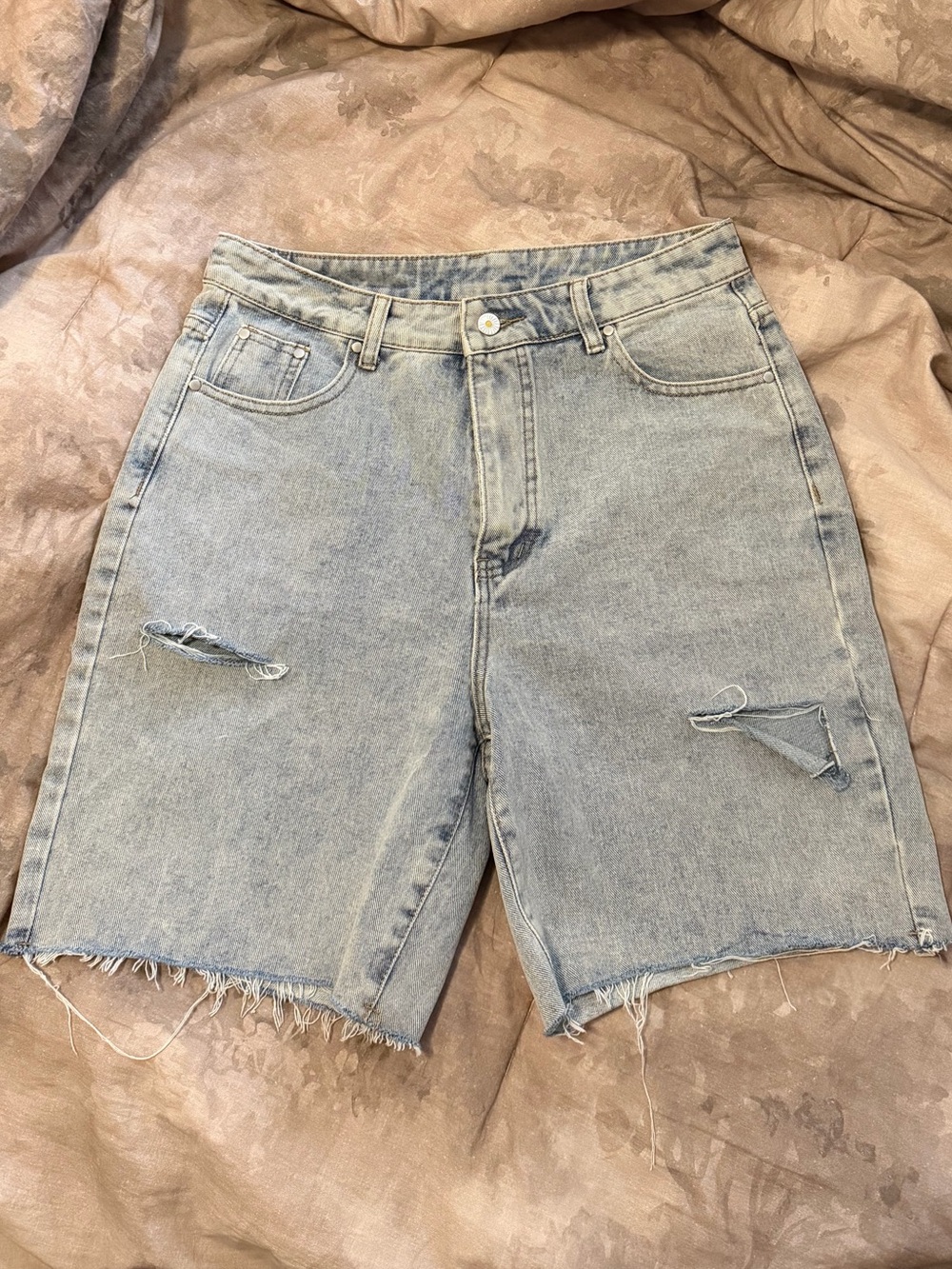 Light Blue Distressed High-Waist Denim Bermuda Shorts